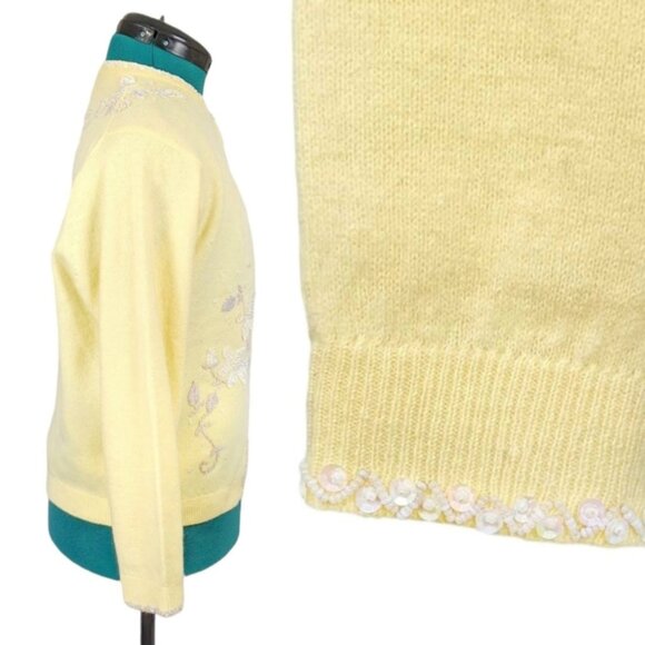1950s Cashmere Cardigan Yellow Vintage Sweater Handmade British Crown Colony 60s - Picture 3 of 10